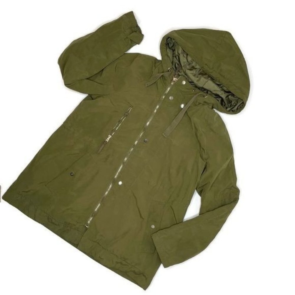 Zara basic long sleeve hooded utility jacket army green full zip coat medium